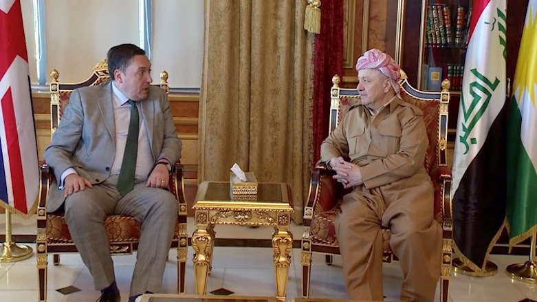 President of the Kurdistan Democratic Party (KDP) Masoud Barzani (right) in a meeting with the United Kingdom’s Ambassador to Iraq, Jon Wilks, Erbil, Kurdistan Region, May 15, 2019. (Photo: Masoud Barzani's website)