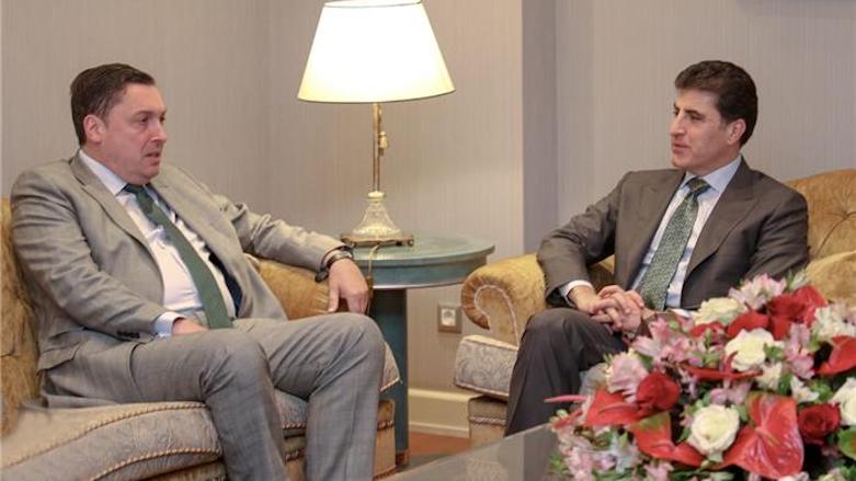 Kurdistan Region Prime Minister Nechirvan Barzani (right) in a meeting with the United Kingdom’s Ambassador to Iraq, Jon Wilks, Erbil, Kurdistan Region, May 15, 2019. (Photo: KRG)