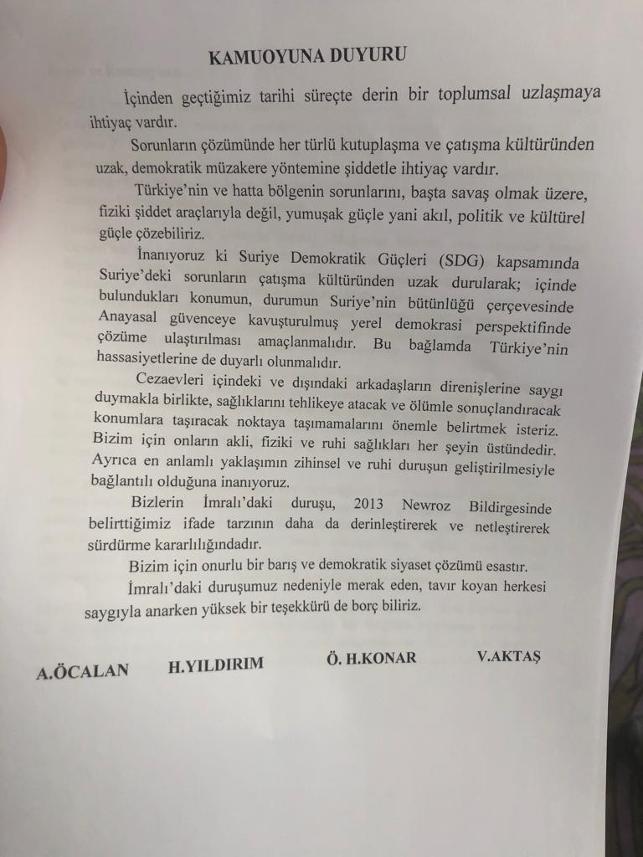 بیانیه عبدالله اوجلان رهبر حزب کارگران کردستان (پ.ک.ک) روز دوشنبه 16 اردیبهشت 98  توسط موکلان وی در یک نشست خبری در استانبول قرائت شد