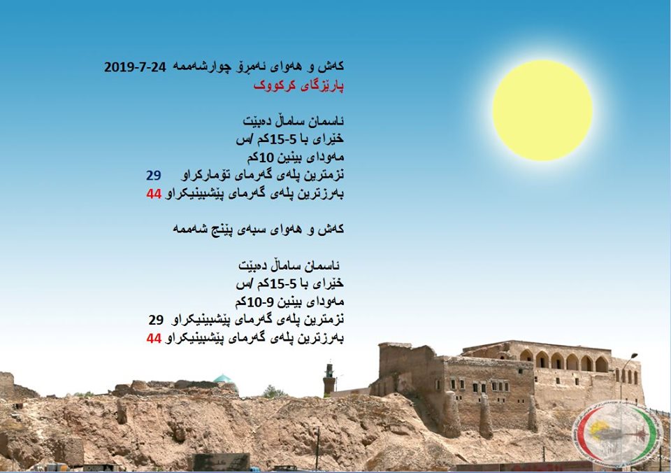 پێشبینیەكانی كەشناسی بۆ كەشوھەوای ئەمڕۆ و سبەی - پارێزگای كەركووك