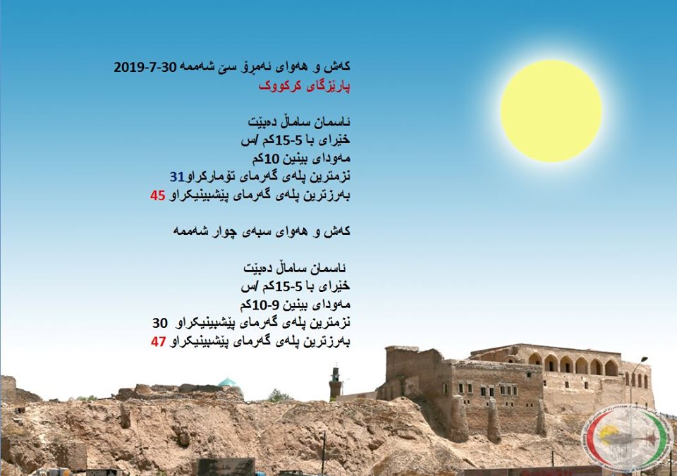 پێشبینیەكانی كەشناسی بۆ كەشوھەوای ئەمڕۆ و سبەی - پارێزگای كەركووك