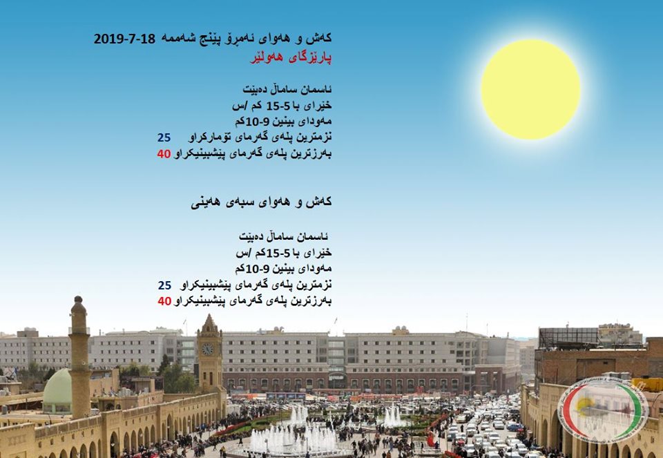 پێشبینیەكانی كەشناسی بۆ كەشوھەوای ئەمڕۆ و سبەی - پارێزگای ھەولێر