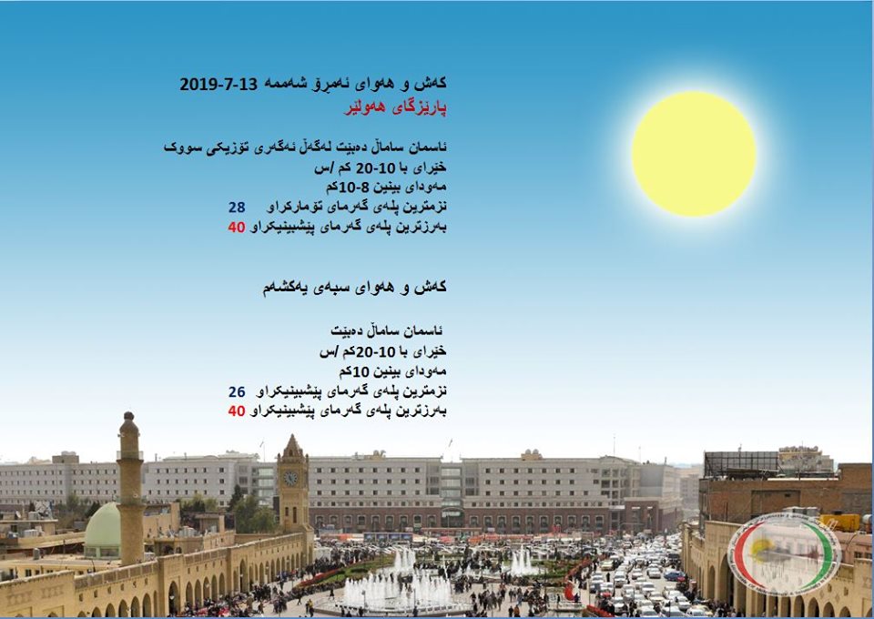 پێشبینیەكانی كەشناسی بۆ كەشوھەوای ئەمڕۆ و سبەی - پارێزگای ھەولێر