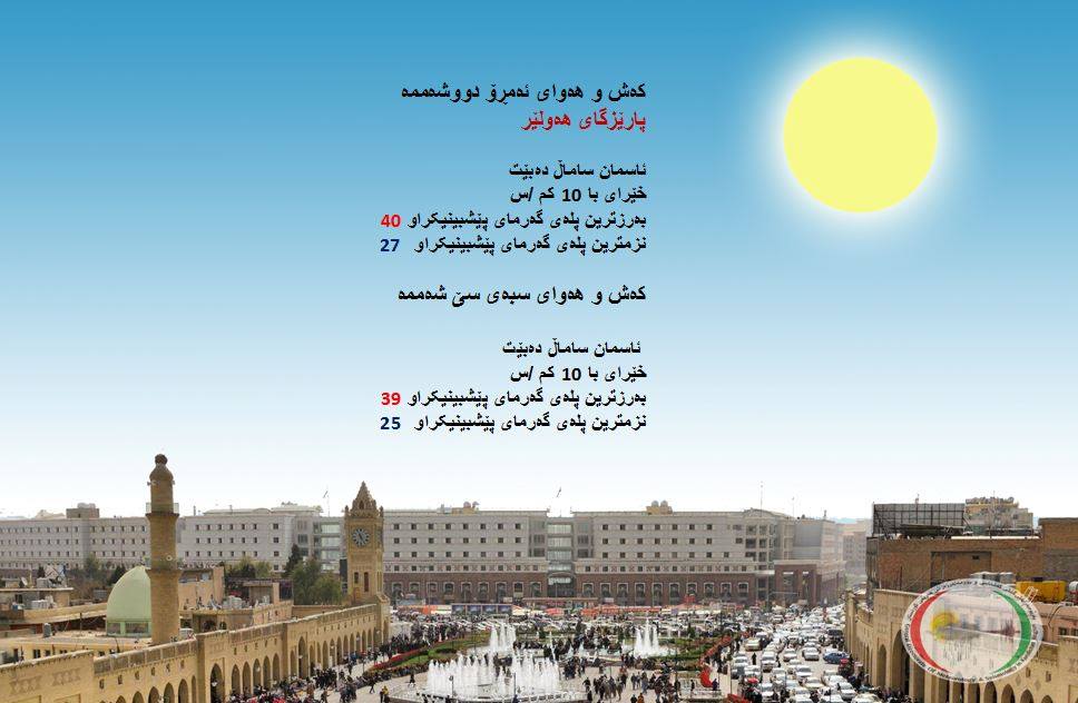 پێشبینیەكانی كەشناسی بۆ كەشوھەوای ئەمڕۆ و سبەی پارێزگای ھەولێر