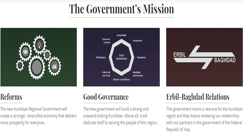 The new Kurdistan Regional Government's (KRG) mission as outlined on its official website. (Photo: KRG/Screen grab)