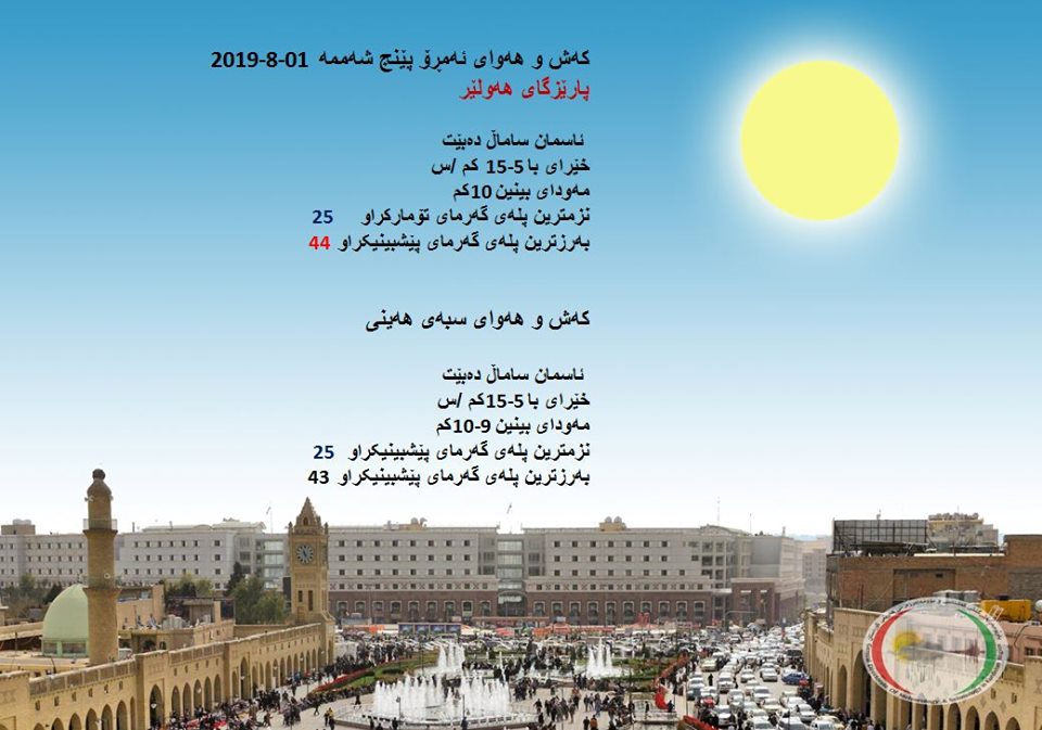 پێشبینیەكانی كەشناسی بۆ كەشوھەوای ئەمڕۆ و سبەی - پارێزگای ھەولێر