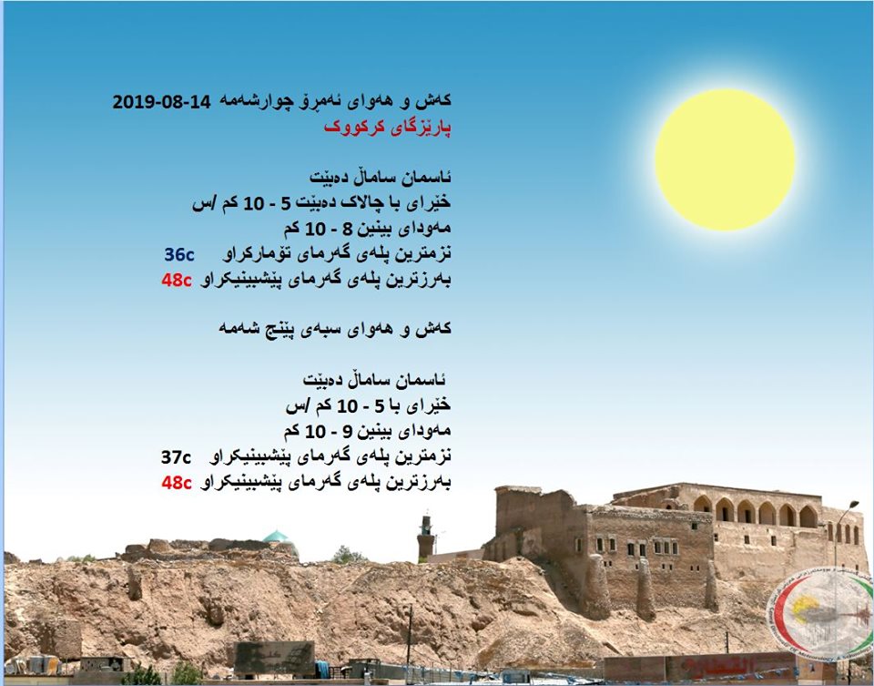 پێشبینیەكانی كەشناسی بۆ كەشوھەوای ئەمڕۆ و سبەی - پارێزگای كەركووك