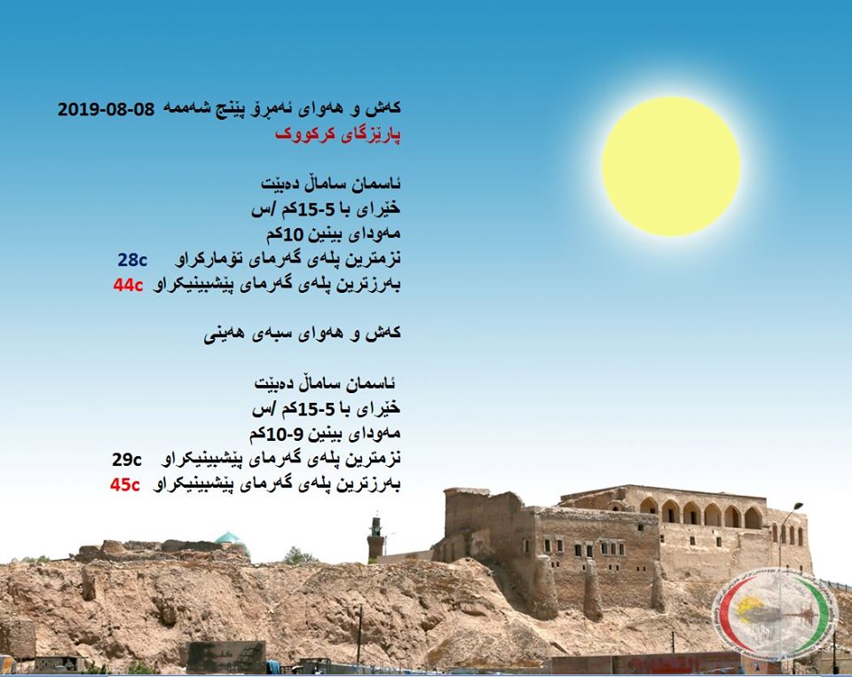 پێشبینیەكانی كەشناسی بۆ كەشوھەوای ئەمڕۆ و سبەی - پارێزگای كەركووك