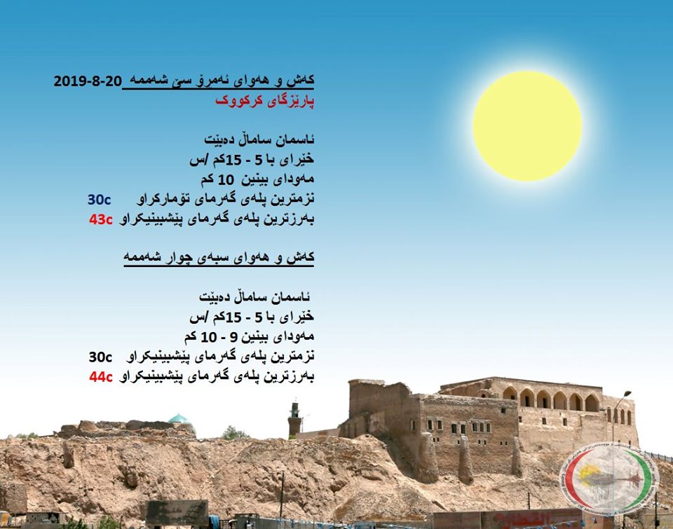 پێشبینیەكانی كەشناسی بۆ كەشوھەوای ئەمڕۆ و سبەی - پارێزگای كەركووك