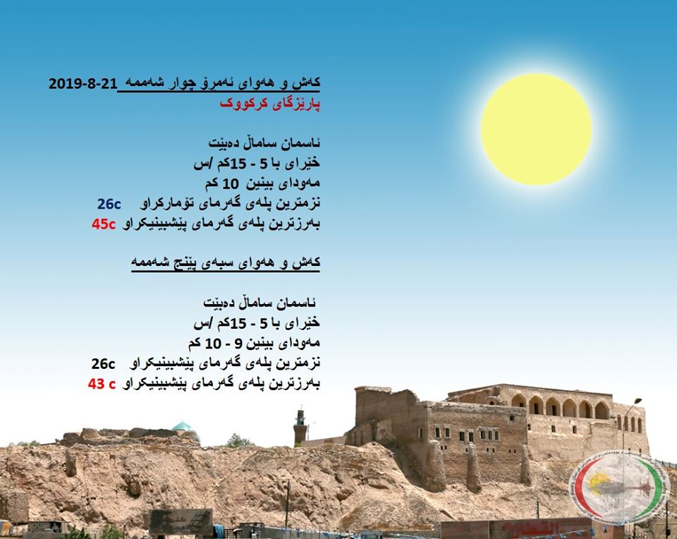 پێشبینیەكانی كەشناسی بۆ كەشوھەوای ئەمڕۆ و سبەی - پارێزگای كەركووك