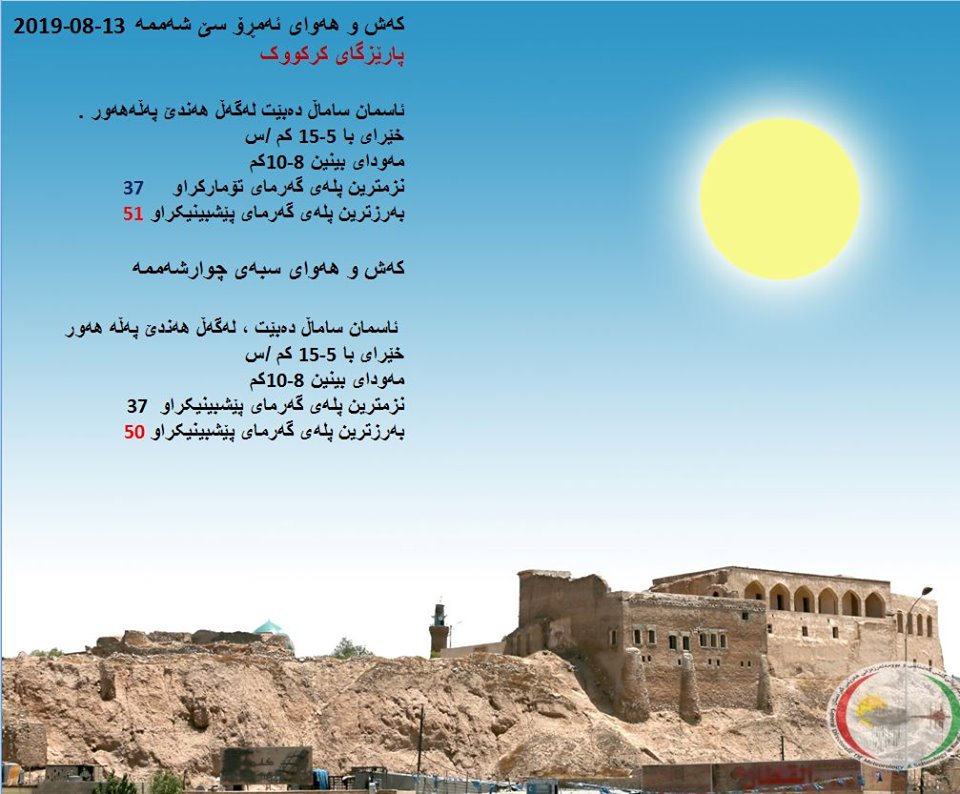 پێشبینیەكانی كەشناسی بۆ كەشوھەوای ئەمڕۆ و سبەی - پارێزگای كەركووك