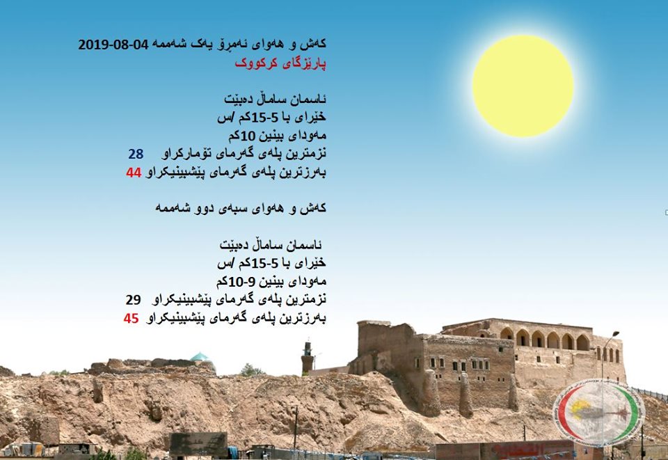 پێشبینیەكانی كەشناسی بۆ كەشوھەوای ئەمڕۆ و سبەی - پارێزگای كەركووك