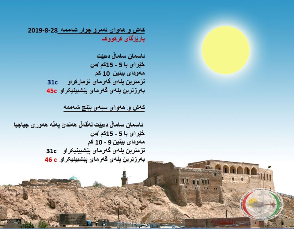 پێشبینیەكانی كەشناسی بۆ كەشوھەوای ئەمڕۆ و سبەی - پارێزگای كەركووك