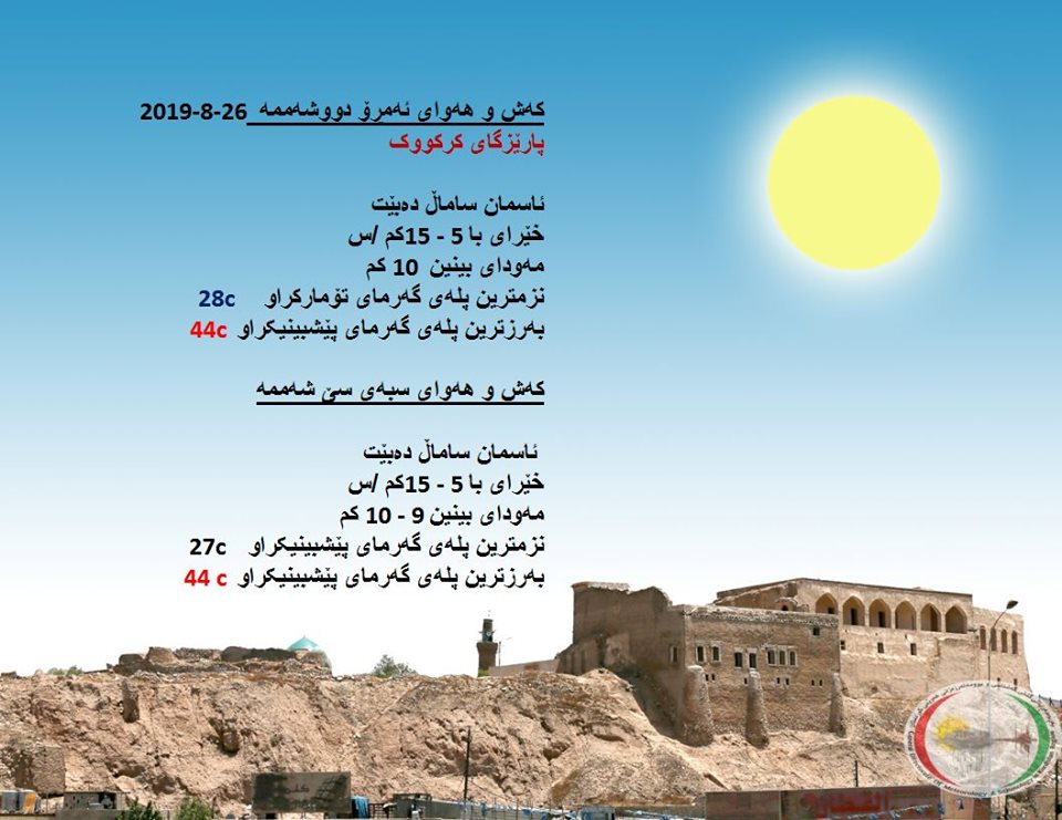 پێشبینیەكانی كەشناسی بۆ كەشوھەوای ئەمڕۆ و سبەی - پارێزگای كەركووك