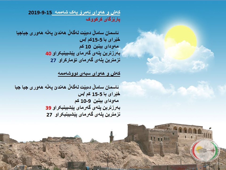پێشبینیەكانی كەشناسی بۆ كەشوھەوای ئەمڕۆ و سبەی - پارێزگای كەركووك