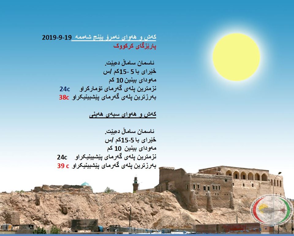 پێشبینیەكانی كەشناسی بۆ كەشوھەوای ئەمڕۆ و سبەی - پارێزگای كەركووك