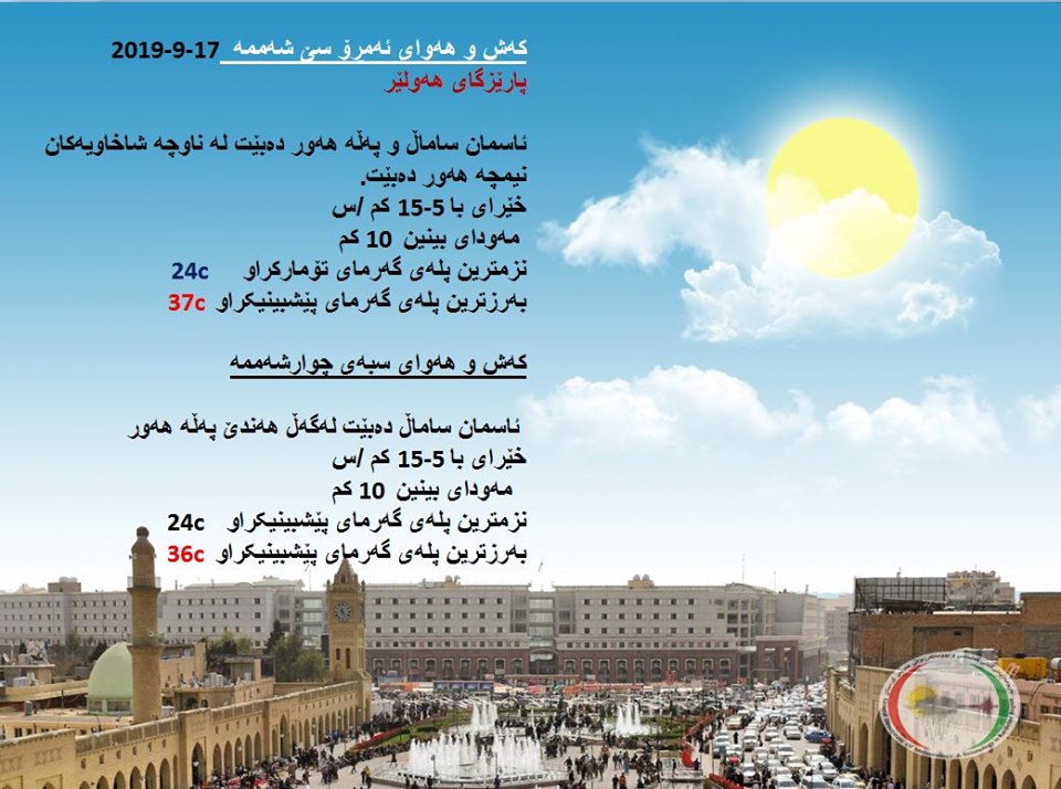 پێشبینیەكانی كەشناسی بۆ كەشوھەوای ئەمڕۆ و سبەی - پارێزگاری ھەولێر