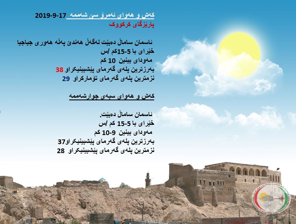 پێشبینیەكانی كەشناسی بۆ كەشوھەوای ئەمڕۆ و سبەی - پارێزگاری كەركووك