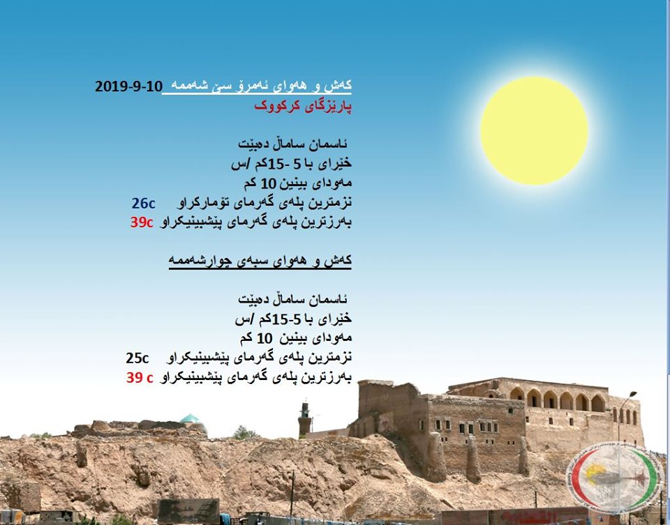 پێشبینیەكانی كەشناسی بۆ كەشوھەوای ئەمڕۆ و سبەی - پارێزگای كەركووك