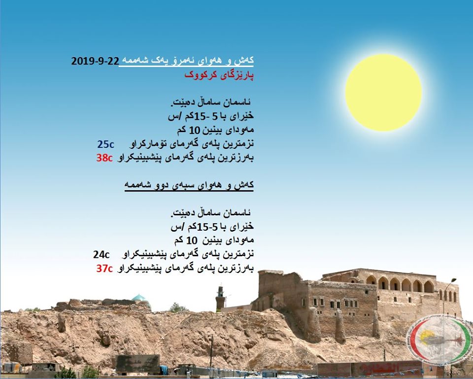 پێشبینیەكانی كەشناسی بۆ كەشوھەوای ئەمڕۆ و سبەی - پارێزگای كەركووك