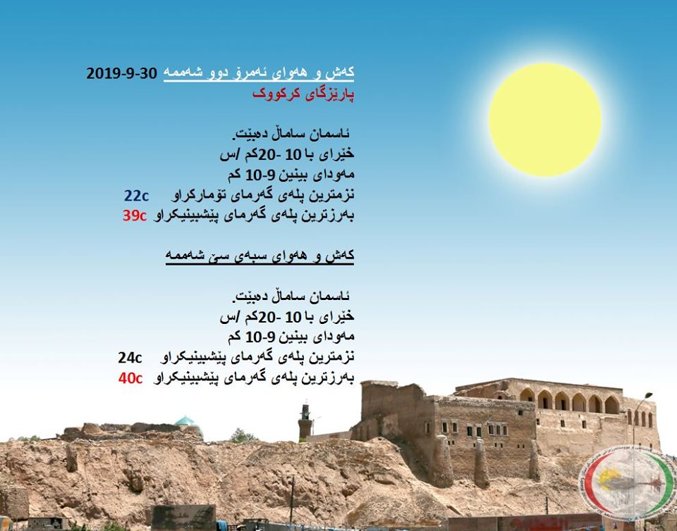 پێشبینیەكانی كەشناسی بۆ كەشوھەوای ئەمڕۆ و سبەی - پارێزگای كەركووك