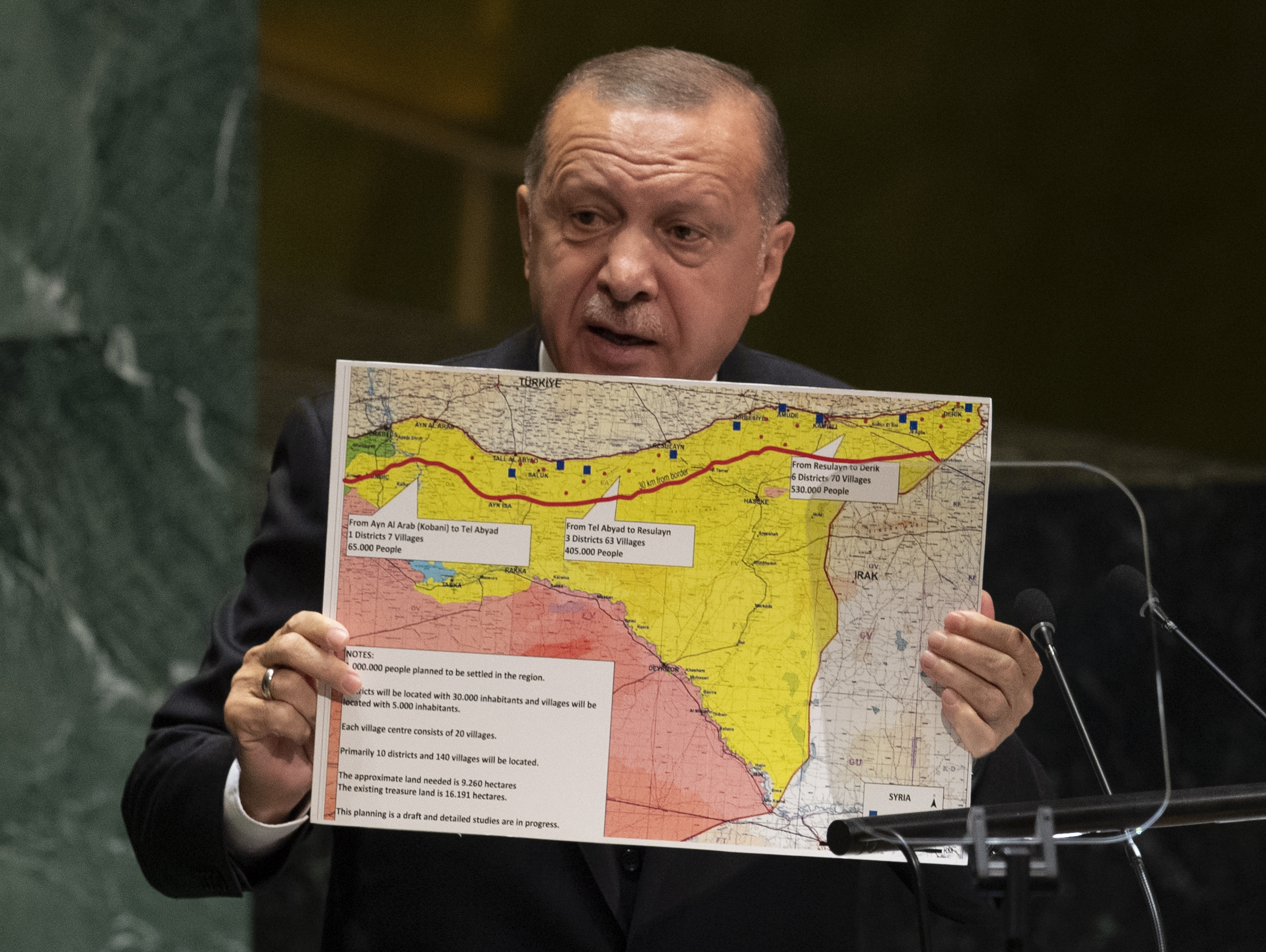 Turkey's President Recep Tayyip Erdogan holds up a map of northeast Syria as he speaks during the 74th Session of the United Nations General Assembly at UN Headquarters in New York, Sept. 24, 2019. (Photo: AFP/Don Emmert)