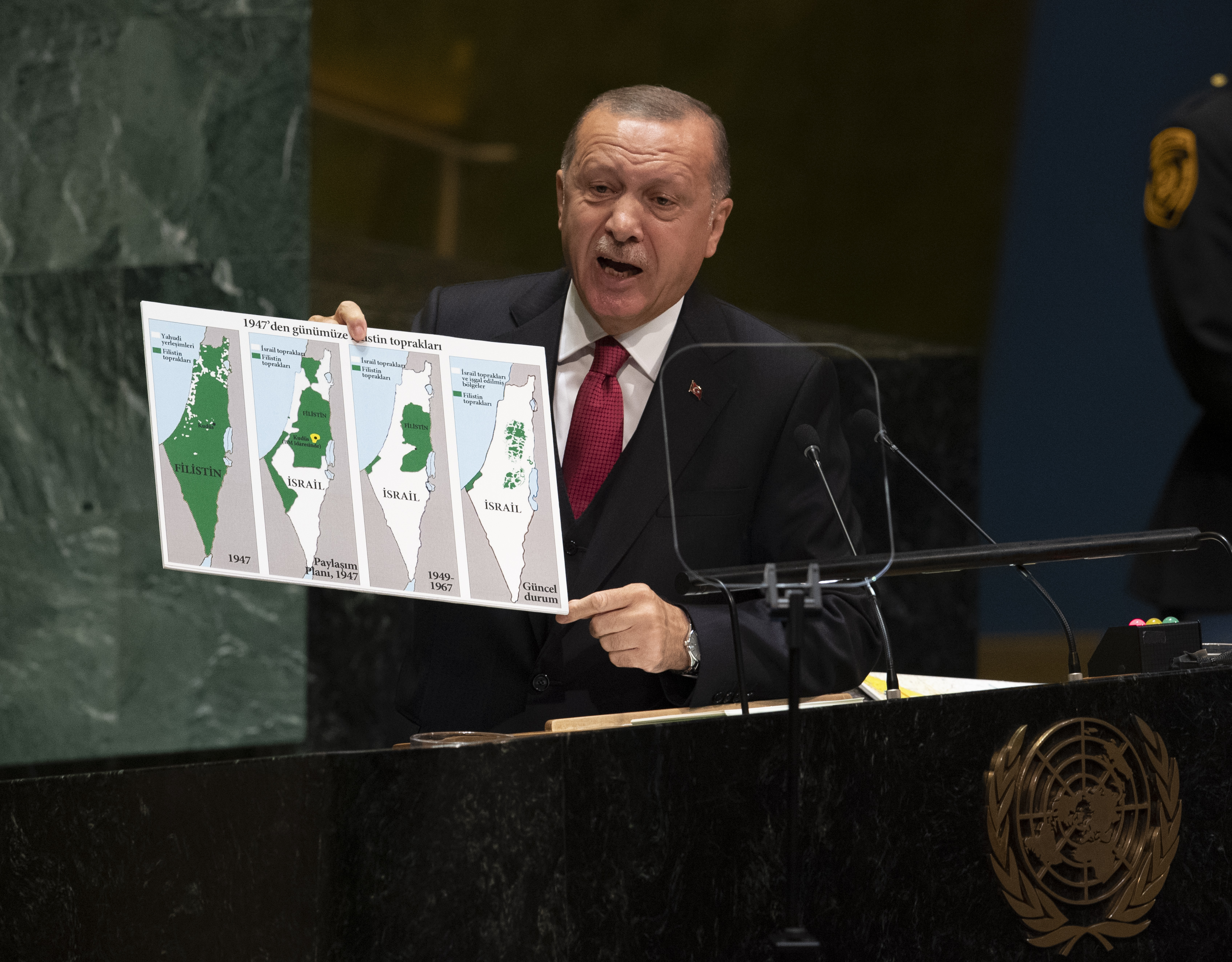 Turkey's President Recep Tayyip Erdogan holds up a map of Israel as he speaks during the 74th Session of the United Nations General Assembly at UN Headquarters in New York, Sept. 24, 2019. (Photo: AFP/Don Emmert)