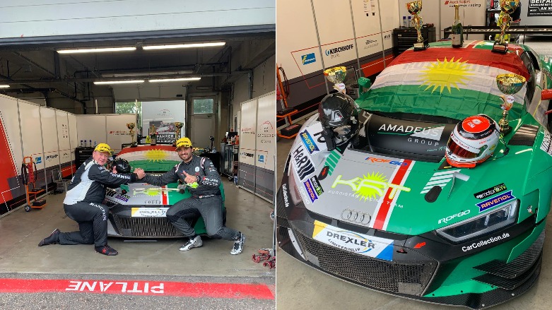 Isaac Tutumlu poses with his Audi R8 LMS Evo draped in the Kurdistan flag. (Photo: Isaac Tutumlu)