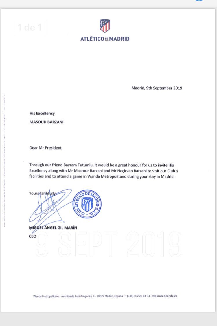 The letter Miguel Ángel Gil Marín, the CEO of Atletico Madrid, wrote to Masoud Barzani. (Photo: Twitter)