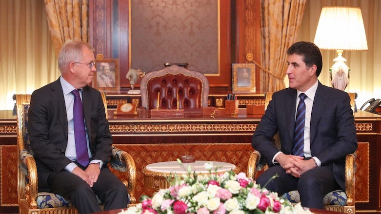 Kurdistan Regional Government (KRG) President Nechirvan Barzani (right) during a meeting with Sweden's new Ambassador to Iraq, Lars Ronnås, Erbil, Sept. 16, 2019. (Photo: KRG Presidency)