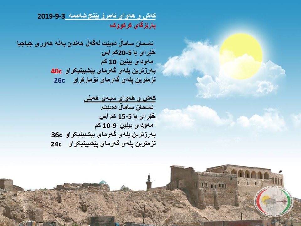 پێشبینیەكانی كەشناسی بۆ كەشوھەوای ئەمڕۆ و سبەی - پارێزگای كەركووك