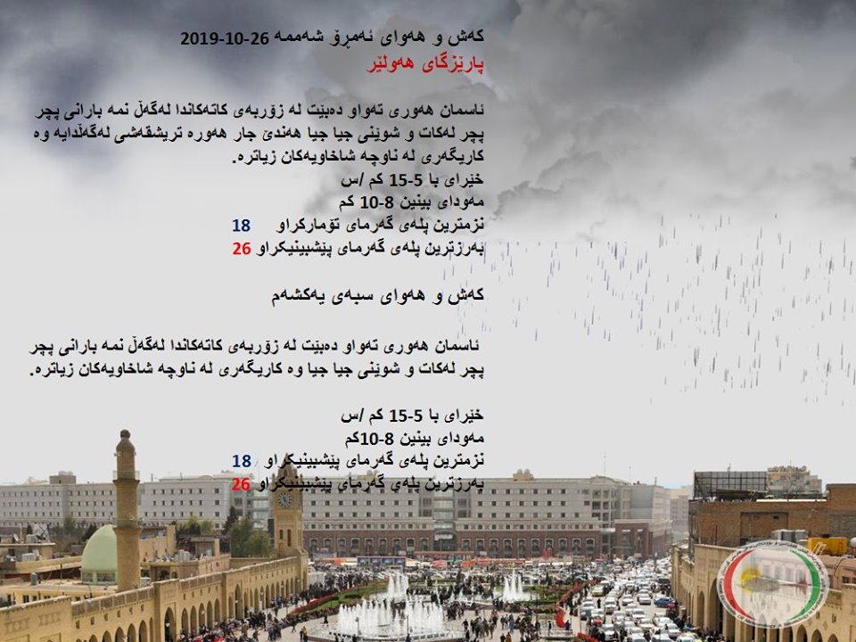 پێشبینیەكانی كەشناسی بۆ كەشوھەوای ئەمڕۆ و سبەی - پارێزگای ھەولێر