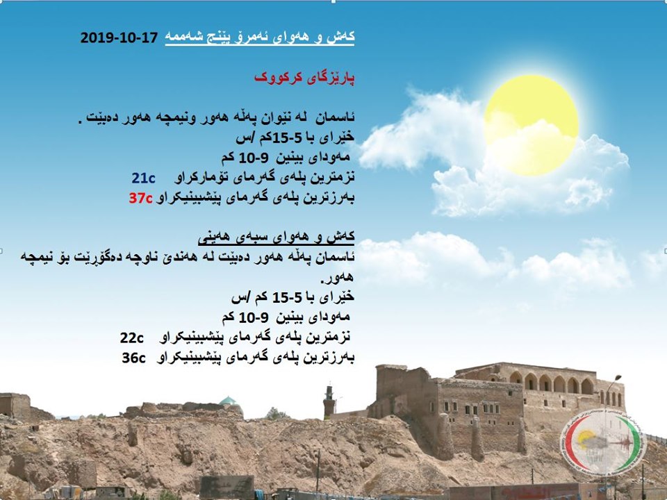 پێشبینیەكانی كەشناسی بۆ كەشوھەوای ئەمڕۆ و سبەی - پارێزگای كەركووك