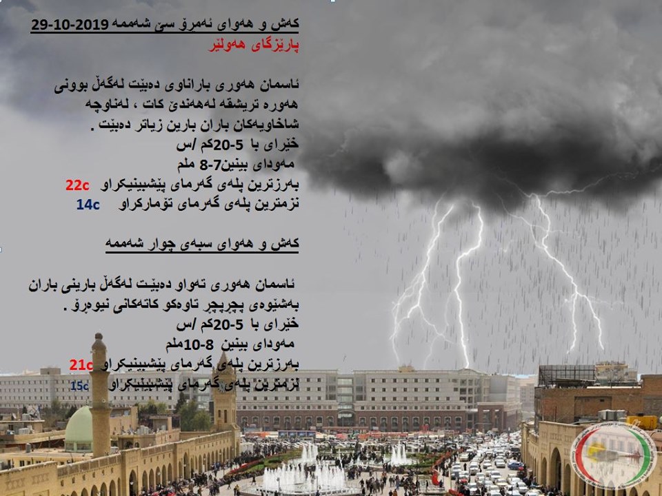 پێشبینیەكانی كەشناسی بۆ كەشوھەوای ئەمڕۆ و سبەی - پارێزگای ھەولێر