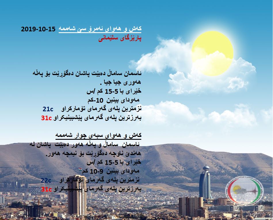 پێشبینیەكانی كەشناسی بۆ كەشوھەوای ئەمڕۆ و سبەی - پارێزگای سلێمانی