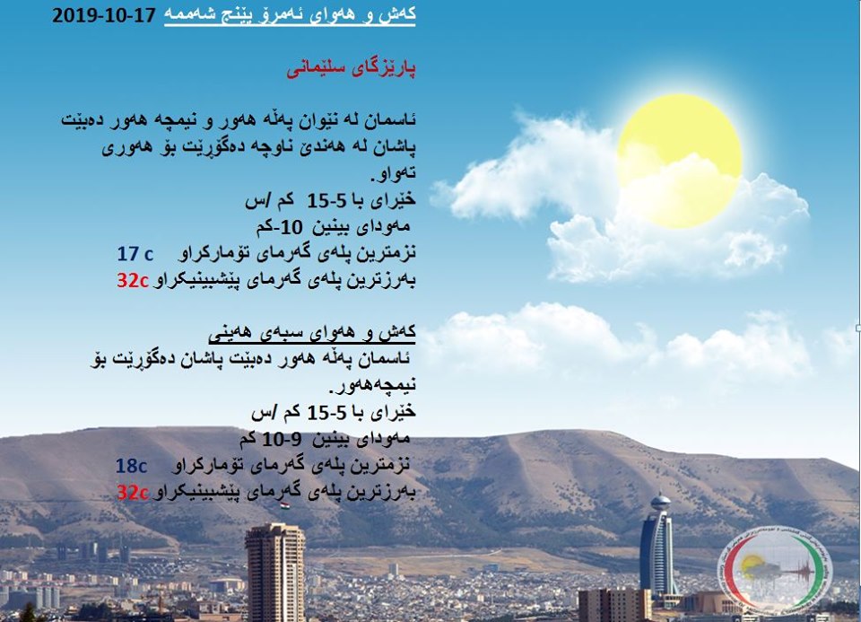 پێشبینیەكانی كەشناسی بۆ كەشوھەوای ئەمڕۆ و سبەی - پارێزگای سلێمانی