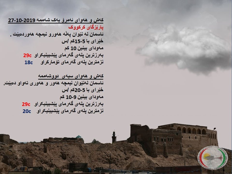 پێشبینیەكانی كەشناسی بۆ كەشوھەوای ئەمڕۆ و سبەی - پارێزگای كەركووك