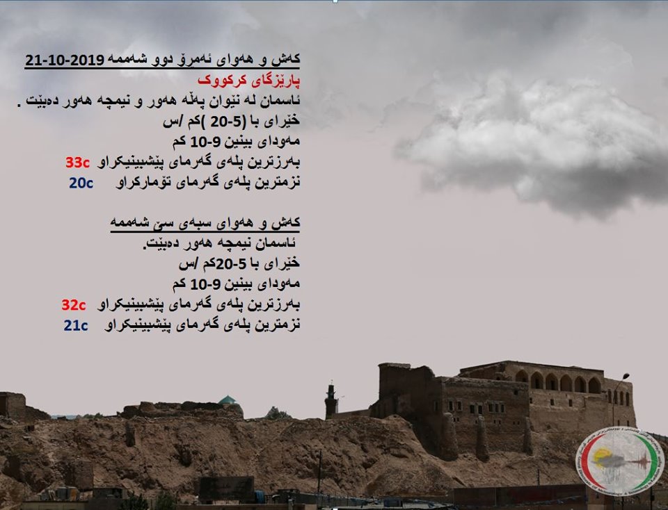 پێشبینیەكانی كەشناسی بۆ كەشوھەوای ئەمڕۆ و سبەی - پارێزگای كەركووك
