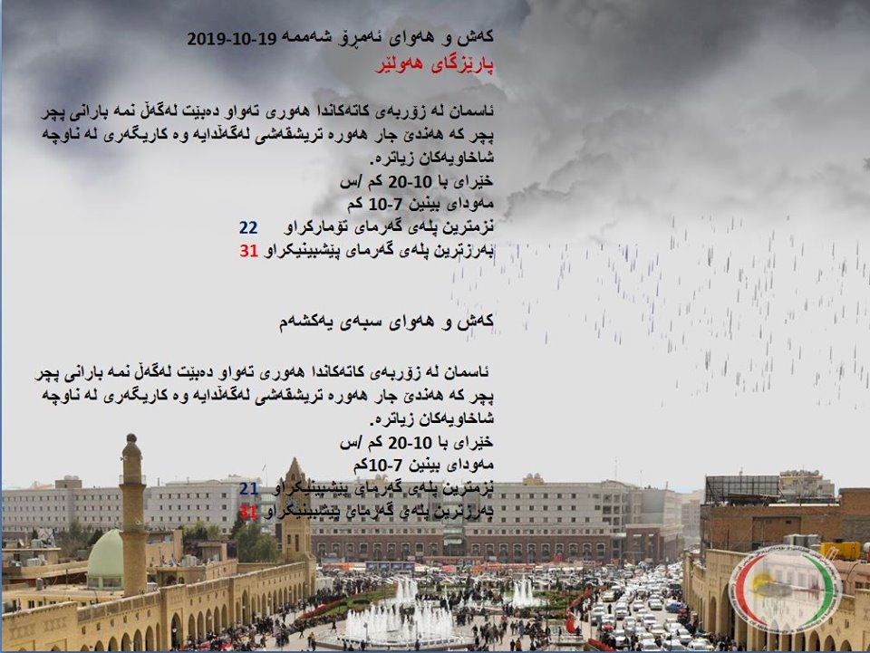 پێشبینیەكانی كەشناسی بۆ كەشوھەوای ئەمڕۆ و سبەی - پارێزگای ھەولێر