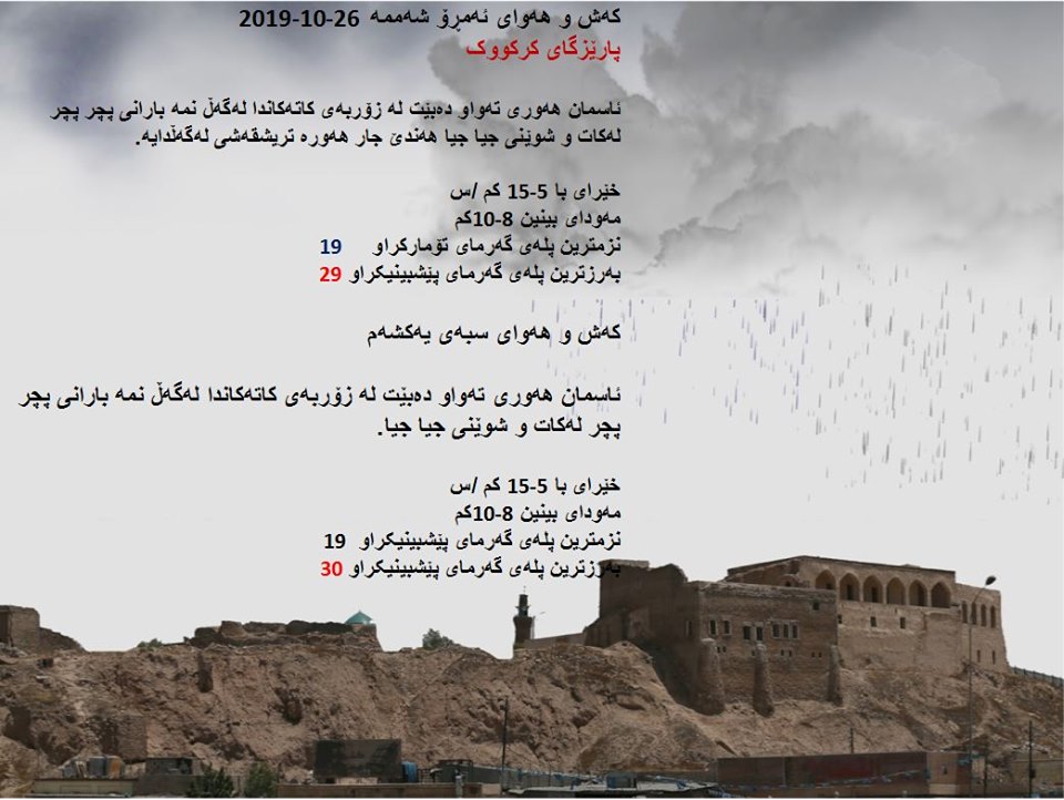 پێشبینیەكانی كەشناسی بۆ كەشوھەوای ئەمڕۆ و سبەی - پارێزگای كەركووك