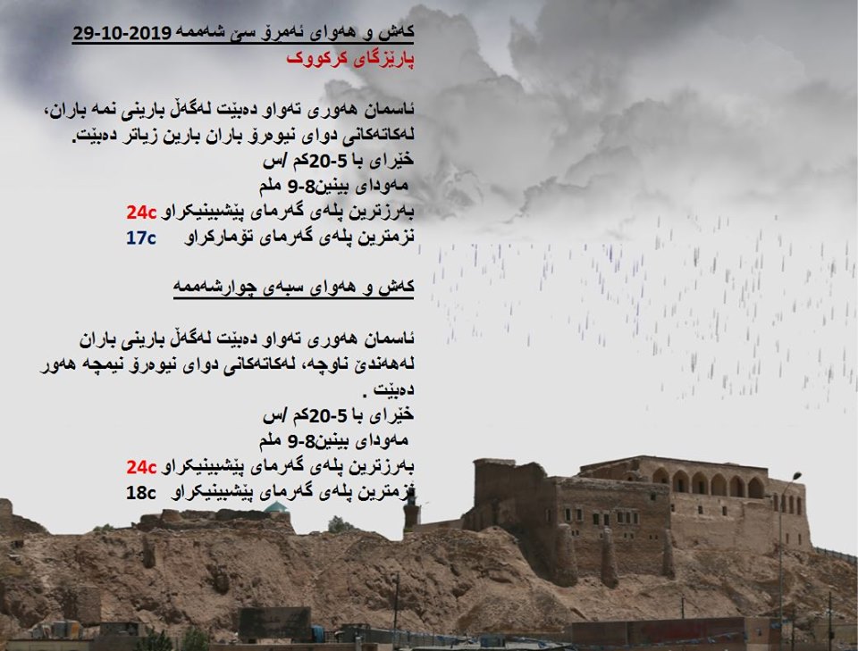 پێشبینیەكانی كەشناسی بۆ كەشوھەوای ئەمڕۆ و سبەی - پارێزگای كەركووك