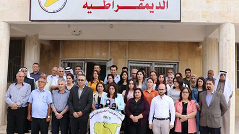 The SDC leadership read a statement condemning the US decision in Ain al-Issa, Oct. 7, 2019. (Photo: Syrian Democratic Council)