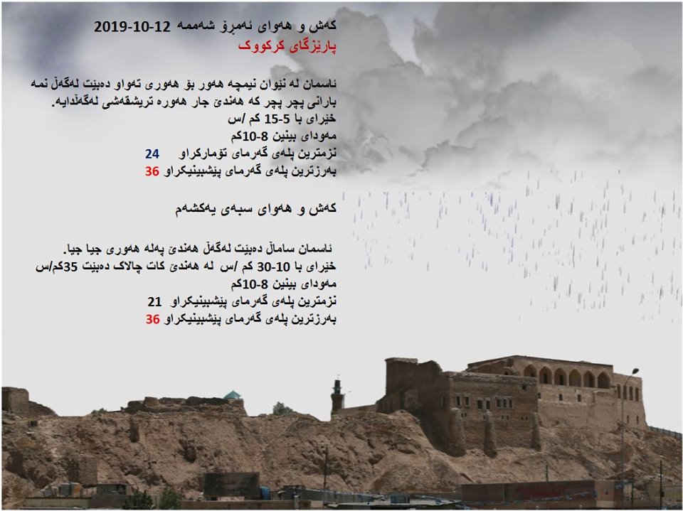 پێشبینیەكانی كەشناسی بۆ كەشوھەوای ئەمڕۆ و سبەی - پارێزگای كەركووك