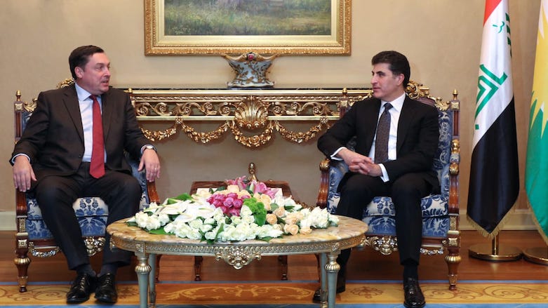 British Ambassador to Iraq Jon Wilks (left) during a meeting with Kurdistan Region President Nechirvan Barzani, Erbil, Oct. 22, 2019. (Photo: KRG Presidency)