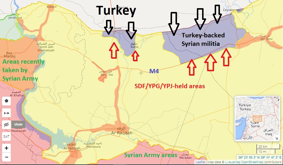 A map showing the areas under Turkish bombardment and clashes [purple] and the areas where the Syrian regime forces recently deployed to [orange]. (Photo: https://syria.liveuamap.com/ edited by Kurdistan 24 on October 17, 2019)