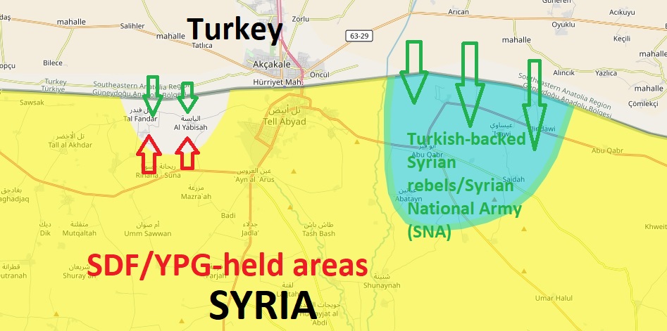 Areas the Turkish-backed Syrian rebels [blue] seized from the Kurdish-led Syrian Democratic Forces (SDF) [yellow], northern Syria. (Photo: https://syriancivilwarmap.com/updated on Oct. 12, 2019, at Kurdistan 24) 