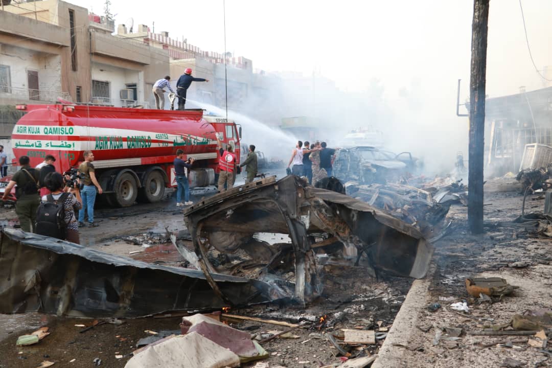 The aftermath of the car bombing on Munir Habib Street, located near Qamishli's popular Omari Restaurant, Oct. 11, 2019. (Photo: Kurdistan 24/Lorans Al-Sher)