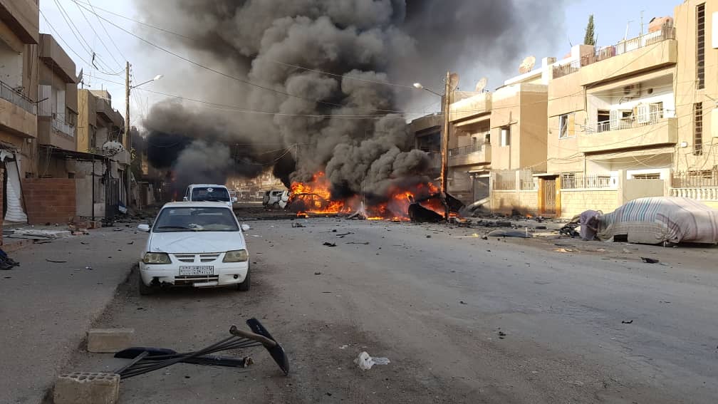 The aftermath of the car bombing on Munir Habib Street, located near Qamishli's popular Omari Restaurant, Oct. 11, 2019. (Photo: Kurdistan 24/Lorans Al-Sher)