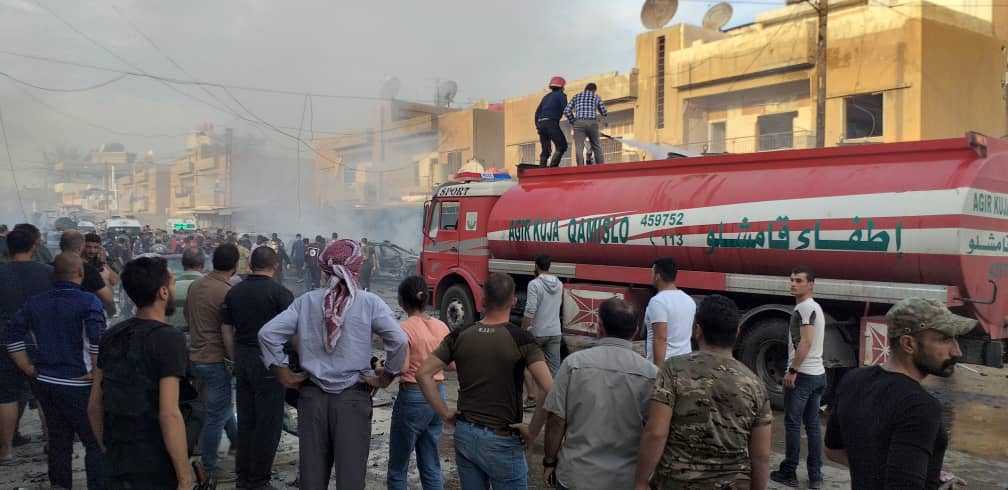 The aftermath of the car bombing on Munir Habib Street, located near Qamishli's popular Omari Restaurant, Oct. 11, 2019. (Photo: Kurdistan 24/Lorans Al-Sher)