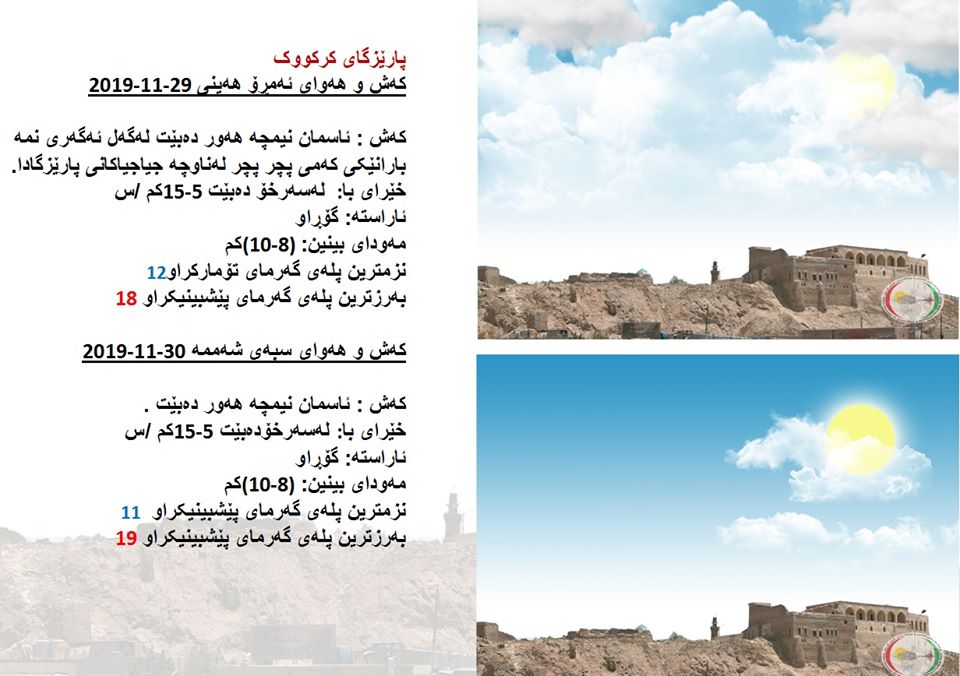 پێشبینیەكانی كەشناسی بۆ كەشوھەوای ئەمڕۆ و سبەی - پارێزگای كەركووك